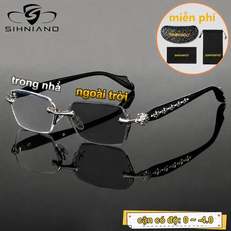 Gọng kính không viền dáng chữ nhật, càng đen phối chi tiết màu bạc thanh lịch