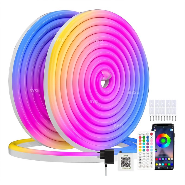 10/20/30m Fita Led Neon Rgb Bluethooth Prova D'água Controle Fonte