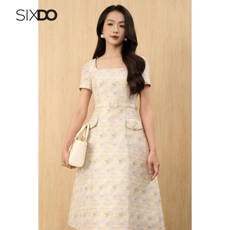 HN Đầm gấm hoa nhí cổ vuông SIXDO Multicolor Floral Brocade Flared Dress