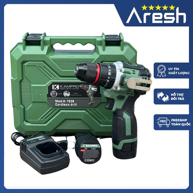 Máy khoan pin Kampro 7038 Đầu kẹp 10ly có khoá trục, lõi đồng, động cơ không chổi than, lực siết 60NM