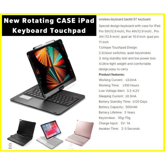 Case Rotate 360 Keyboard iPad 11 12.9 Wireless Keyboard Touchpad Table - 12.9inch, Hitam 0