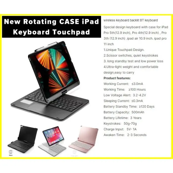 Case Rotate 360 Keyboard iPad 11 12.9 Wireless Keyboard Touchpad Table - 12.9inch, Hitam 0
