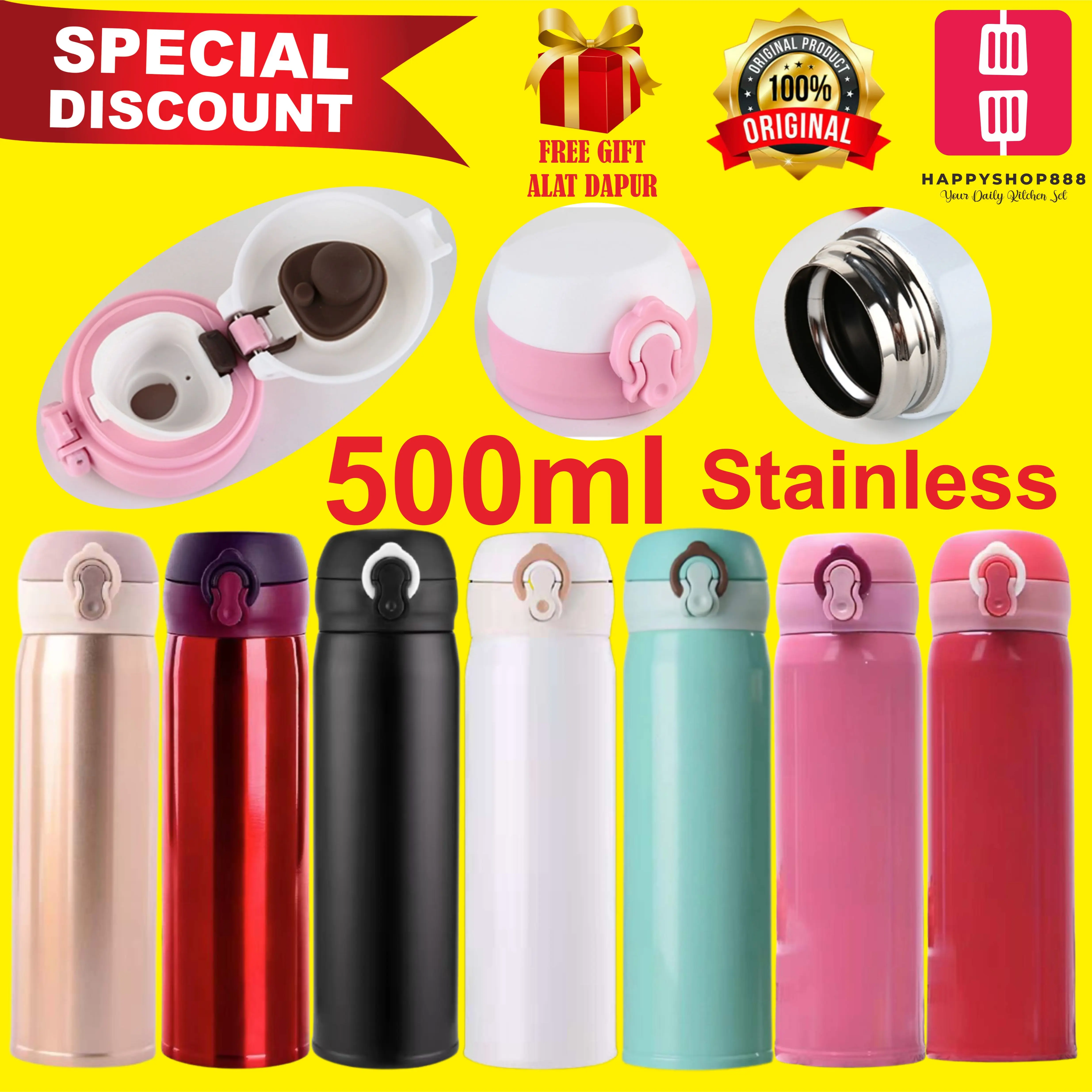 Termos Niagara Polos 500ml Stainless Steel Vacuum Flask Thermos Air Tahan Panas Botol Minum Merah Biru