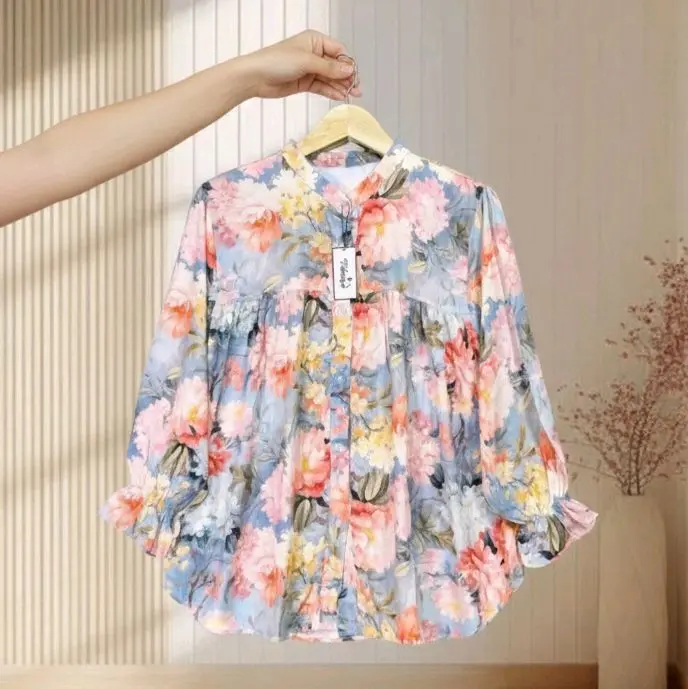 Blouse Atasan Wanita Motif Sania Terbaru Kemeja Wanita Lengan Panjang Bahan Rayon Adem Busui Model Feminim Kancing Busui Nyaman Katun
