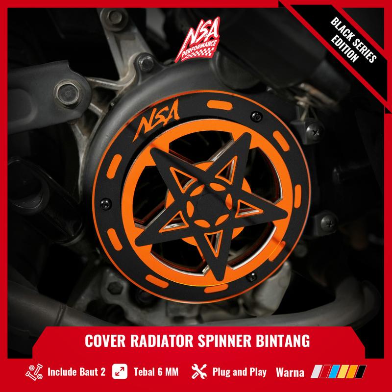 NSA COVER KIPAS SPINER TYPE BINTANG BLACK SERIES Beat Scoopy Vespa Mio Filano Fazzio TUTUP PELINDUNG KIPAS RADIATOR Universal Baut Gold Motor cover  radiator Motorcycle Orange 1