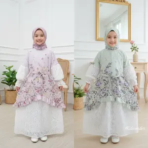 Gamis Sakura Babydoll Premium Mix Brukat Full Puring Anak Perempuan Usia 2 - 10 Tahun / Baju Gamis Raya Anak Motif Bunga - Fashion Muslimah Lebaran Anak Free Hijab