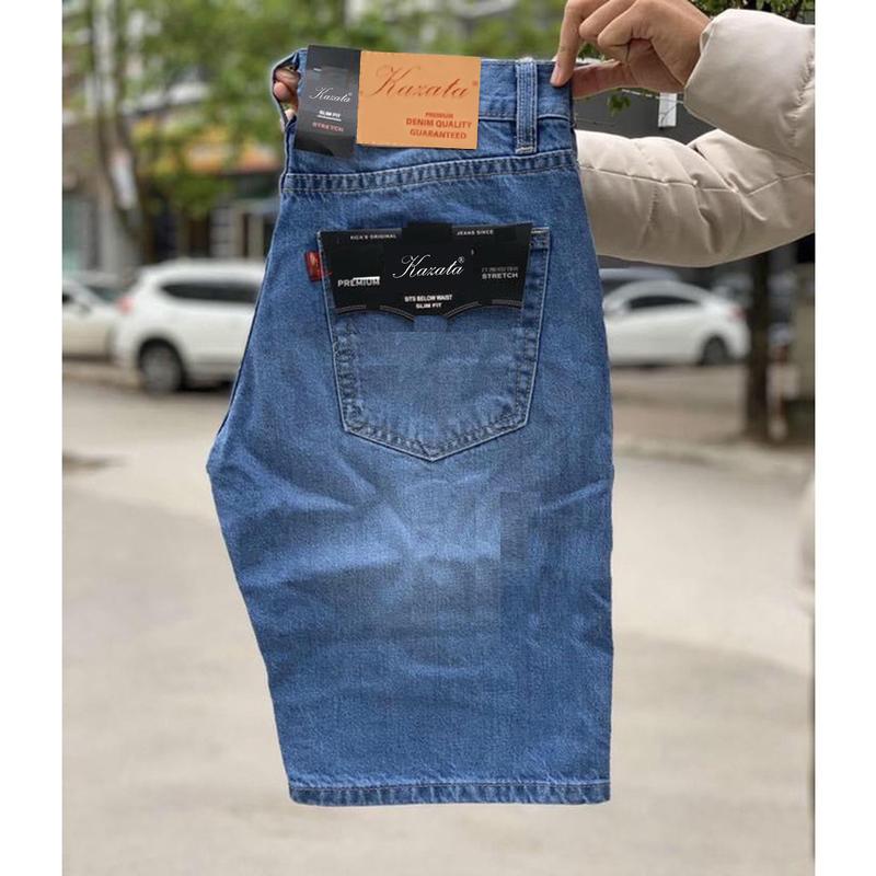 quần short jean nam với 4 màu xanh rêu xanh đậm xanh sáng xanh trung ống rộng dài qua gối kazata