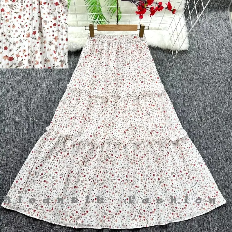 Rok Susun Korea Style Motif Bunga Kecil Cantik Kekinian Formal Wanita Nyaman Pesta Panjang 5