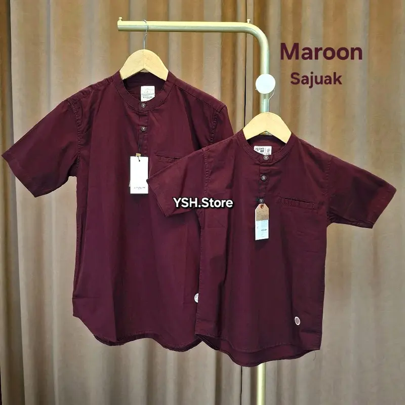 Merah MAROON Baju Koko Kemko Couple Ayah Dan Anak Lengan Panjang dan Pendek Full Kancing dan Kancing 1/2 Katun Twill Terbaru Sajuak Original Dewasa Formal 1