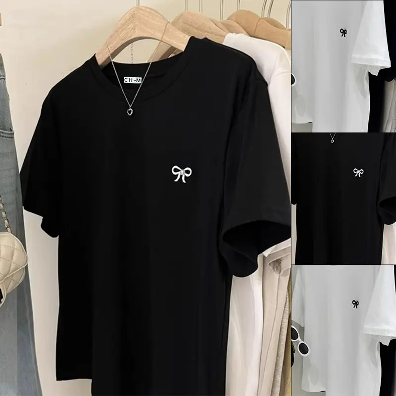 【CHMian mall】Bow Print kaus wanita korea Baju Atasan Wanita Terbaru Kaos-Kaos Wanita  Katun Kaos Print