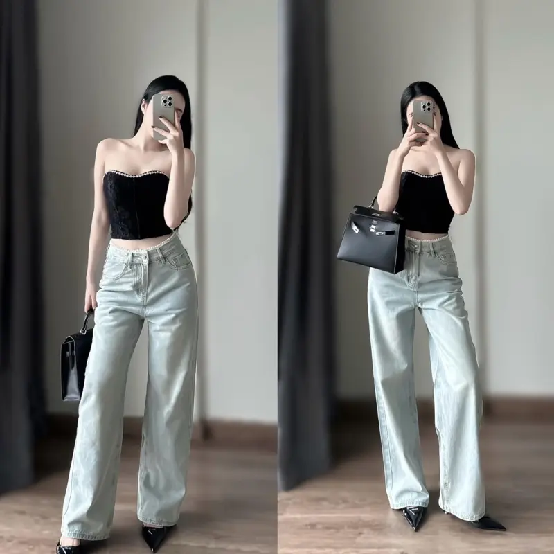 Quần jeans nữ ống suông vải qc phối ren from Basic Q1520