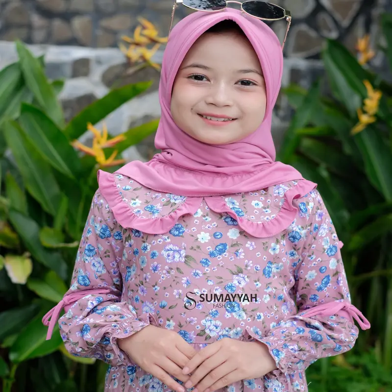 Gamis Rayon Anak Motif Bunga Set Jilbab Jersey Baju Muslim Perempuan Usia 3-10 Tahun 1