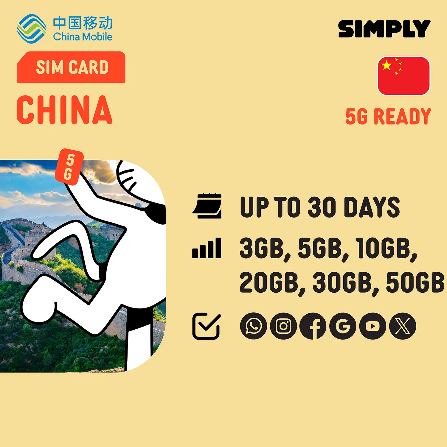 [China] CMI | 5-30 Days | 3GB/5GB/10GB/20GB/30GB/50GB[4G] Data | Plug and Play| No Registration Required