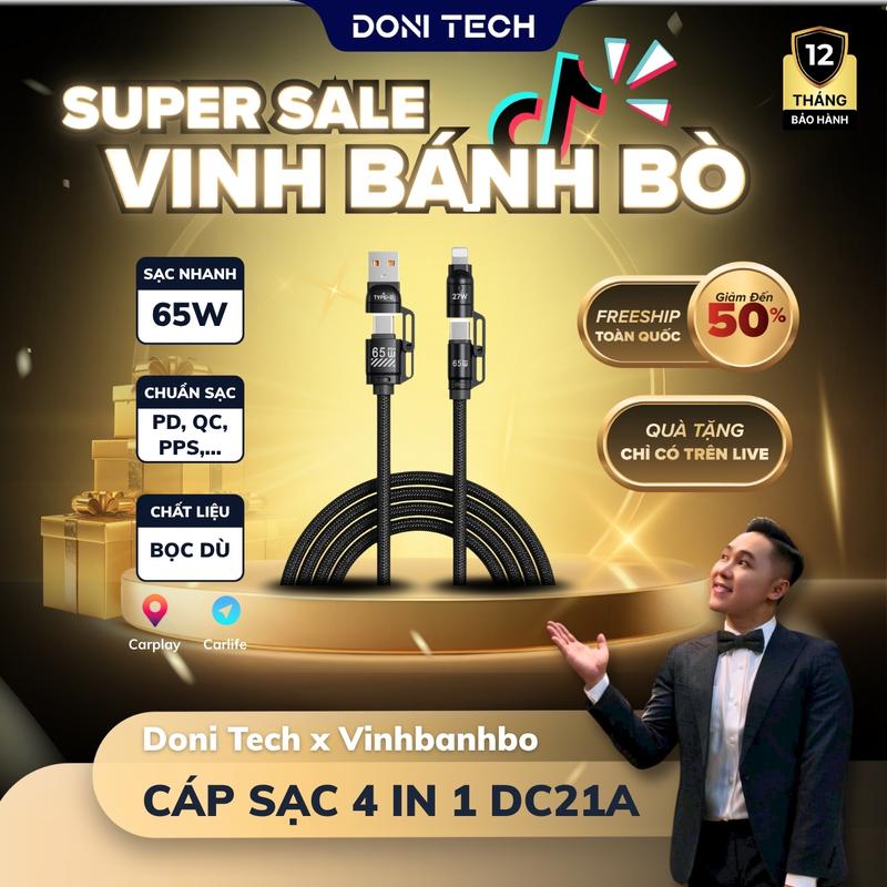 DoniTech x Vinh Bánh Bò Dây Cáp Sạc Nhanh Doni DC21A 4 trong 1 65W Bọc Dù Siêu Bền Dài 1M Hỗ Trợ Carplay cho Phone 8 x xr xs xsm 11 12 13 14 15 16 promax Sam Sung Xiaomi MBook Air