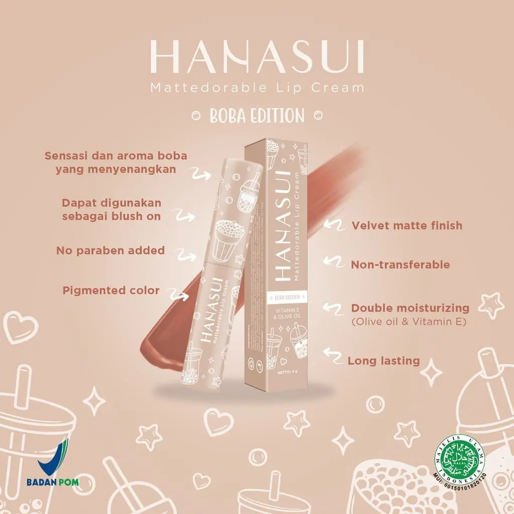 HANASUI Mattedorable Lipcream | Hanasui Lip Cream Matte Lengkap Boba Edition