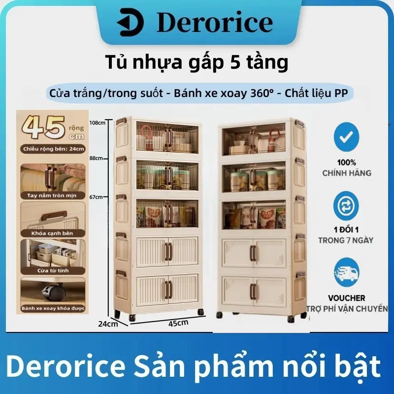 【Rộng 45】Derorice Tủ đựng đồ nhựa  thời trang ,cửa màu trắng/trong suốt, bánh xe xoay 360 độ, chất liệu PP an toàn, linh hoạt kết hợp, thiết kế đơn giản