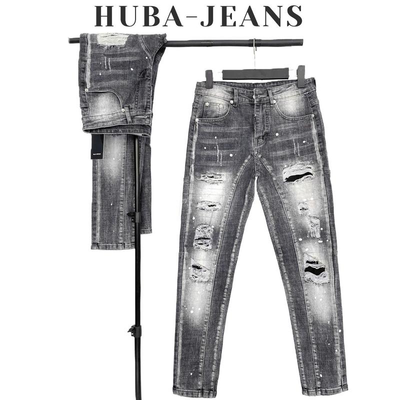  Quần Jean Nam Huba-Jeans 2 Đáy Rách Xanh Đậm Có Túi Voi Có Phom Ôm Ống Côn Menswear Pants Denim 
