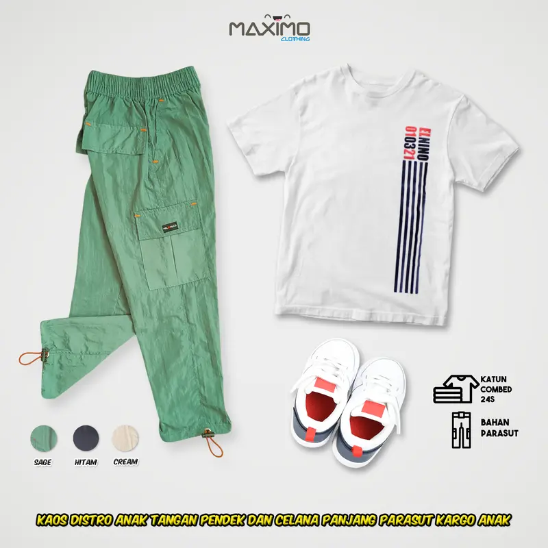 Setelan Baju Kaos Anak - 010321 dan Celana Kargo Parasut Panjang 3 warna - untuk Usia 4 Hingga 12 Tahun - Fashion Anak 3