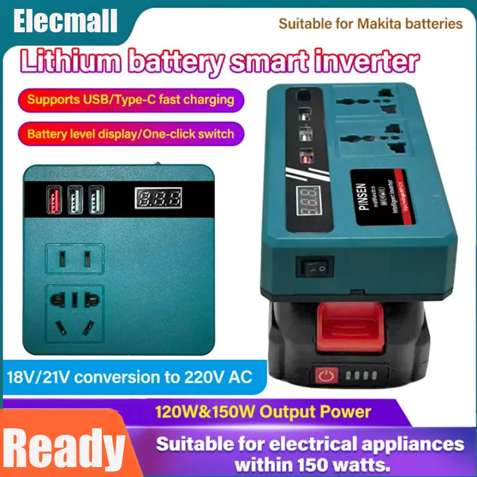 Inverter Portable 100W untuk Outdoor - Baterai Makita 18V-21V ke AC 220V, dengan LED Light, Anti Shock, Ideal untuk Camping dan Tugas Darurat​