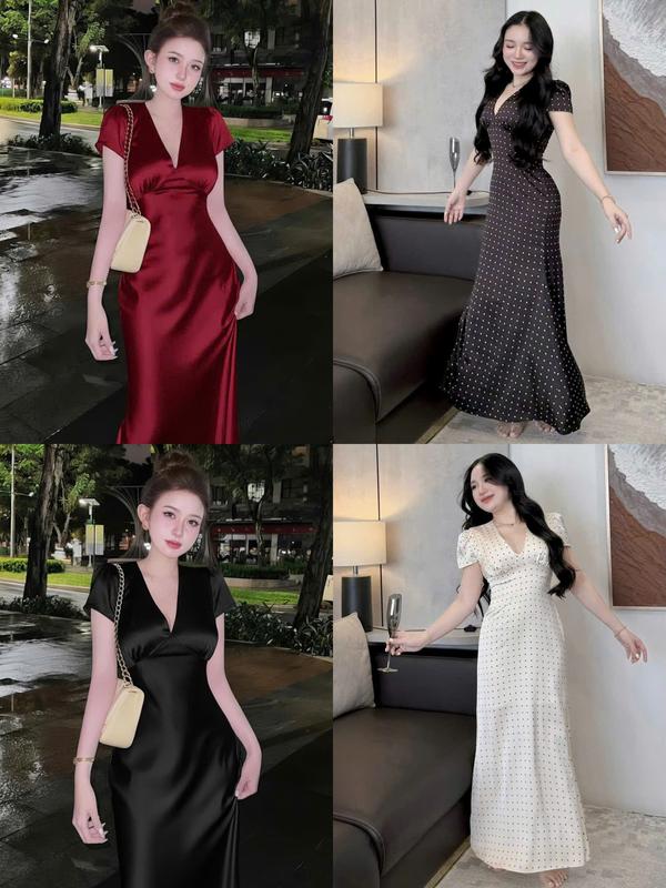  D886  TÁO ĐỎ BIGSIZE 55-90KG  ĐẦM BIGSIZE ĐẦM LỤA CỔ V DÁNG DÀI SANG TRỌNG 