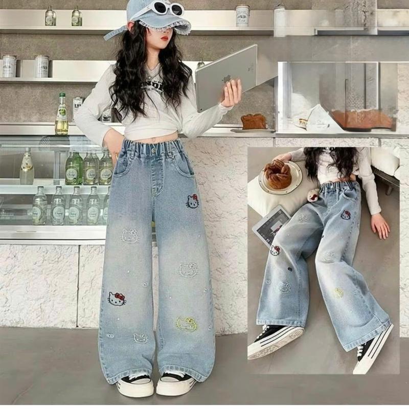(16-50kg) Quần jean bé gái 10 tuổi. thêu hình helo kitty (mã M01)