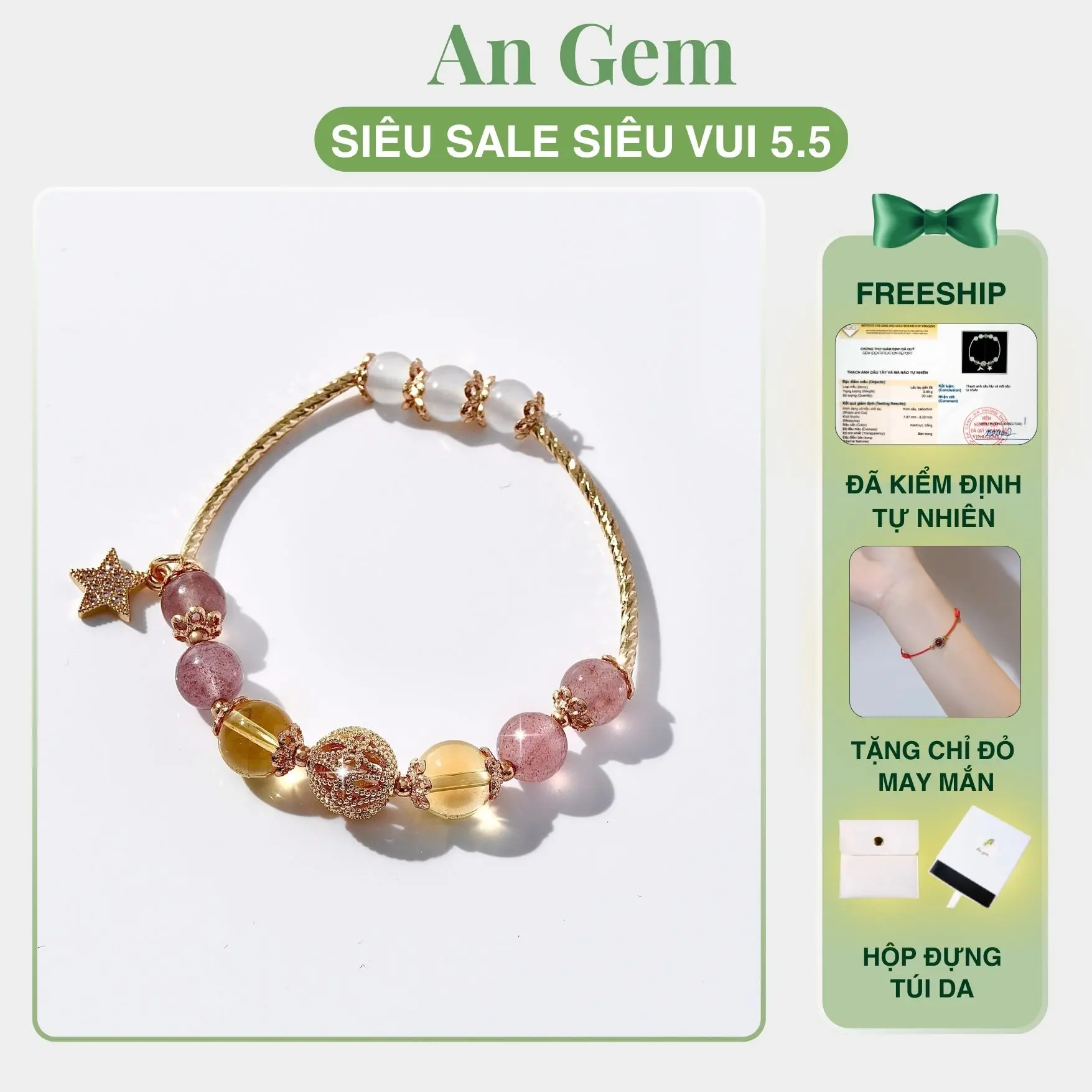 Vòng tay phong thuỷ An gem đá Dâu tây hồng mix TA vàng phối charm, lắc tay nữ đá tự nhiên phụ kiện tinh tế quà tặng sinh nhật giáng sinh Noel Tết Valentine [TẶNG VÒNG CHỈ ĐỎ]