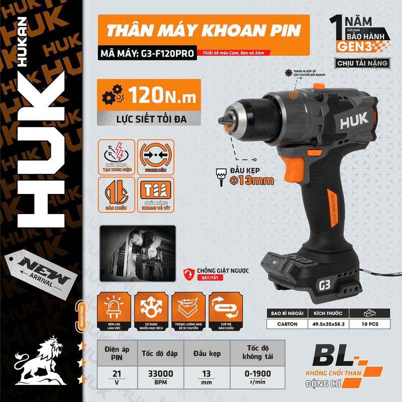 Live thân G3-F120PRO Lưc siết: 120N.m MÁY KHOAN PIN 3 CHỨC NĂNG 13MM, Tốc độ không tải: MAX.2000RPM Đường kính mũi: 13mm Động cơ không chổi than thăng kèm mài 6000j