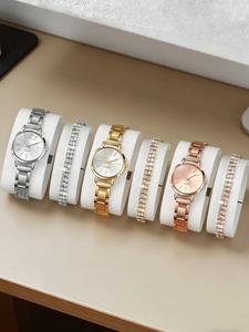Un set de 6 relojes de cuarzo de moda para mujer, con bandas de acero inoxidable y pulseras de diamantes.