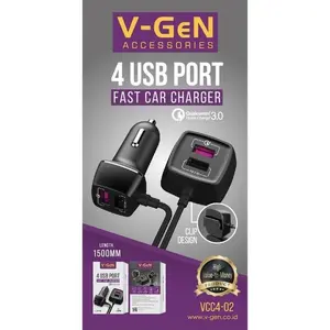 Fast Car Charger V-GeN VCC4-02 4 USB Port Quick Charger 3.0 Cable Length 1.5 M Over Current, Over Voltage, Over Heat, Short Circuit Protection