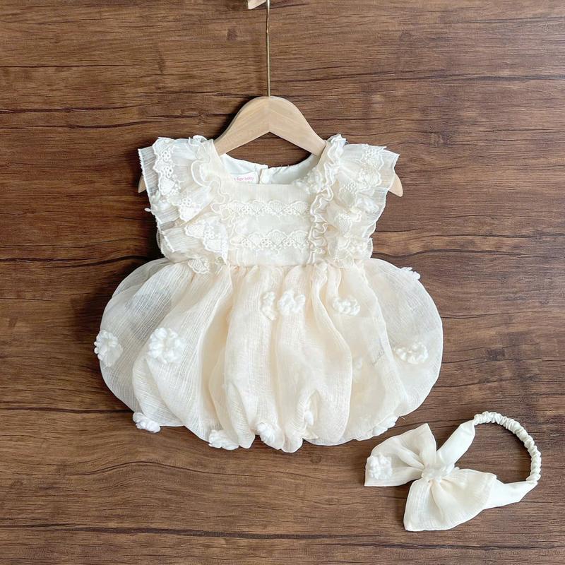 Bodysuit Body Váy Hoa Nổi Màu Kem Siêu Xinh Cho Bé Gái Sơ Sinh, Đầy Tháng Thôi Nôi, 3-12 kg, 0-1 Tuổi Jumpsuit body begai