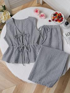 Conjunto de mujer con top a rayas sin mangas y pantalón de pierna recta, cintura con cordón ajustable, versátil para el verano, set de 2 piezas