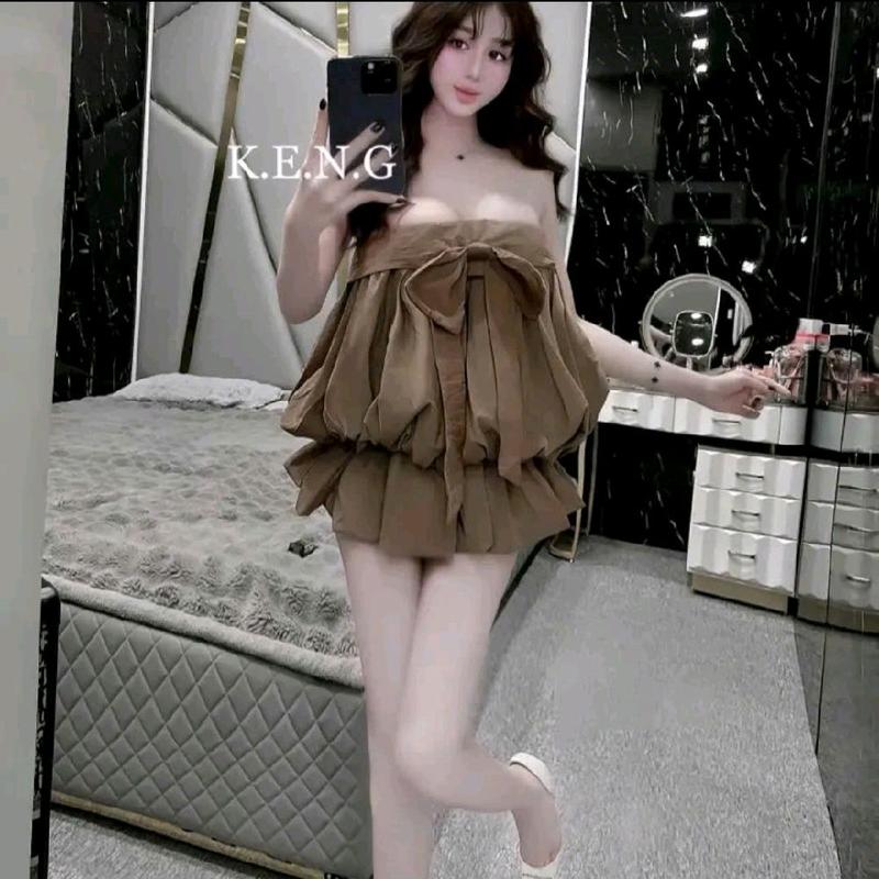 SET ÁO CÚP ĐÍNH BẢN NƠ TO KÈM CHÂN VÁY BÍ PHỒNG SIÊU XINH NÂU KEM ĐEN TOP NỮ