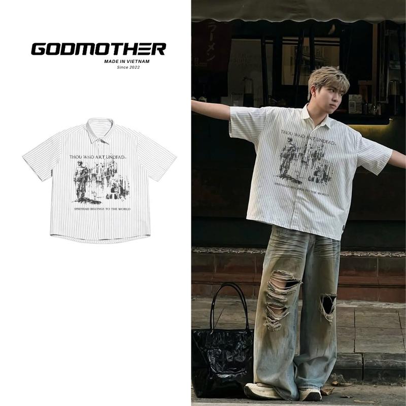 Áo Sơ Mi Cộc Tay Họa Tiết GODMOTHER Áo Sơ Mi Kẻ Sọc Phong Cách Retro Kiểu Dáng Cổ Điển Trẻ Trung