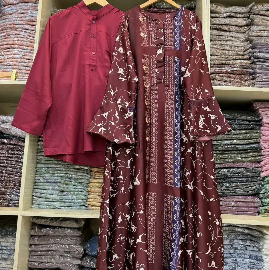 COUPLE SET DRESS DAN KOKO JESLYN SLIKY Gaun Muslim Wanita Kondangan Baju Katun Panjang Pasangan Sarimbit Keluarga Setelan Gamis Lebaran Mewah Pesta