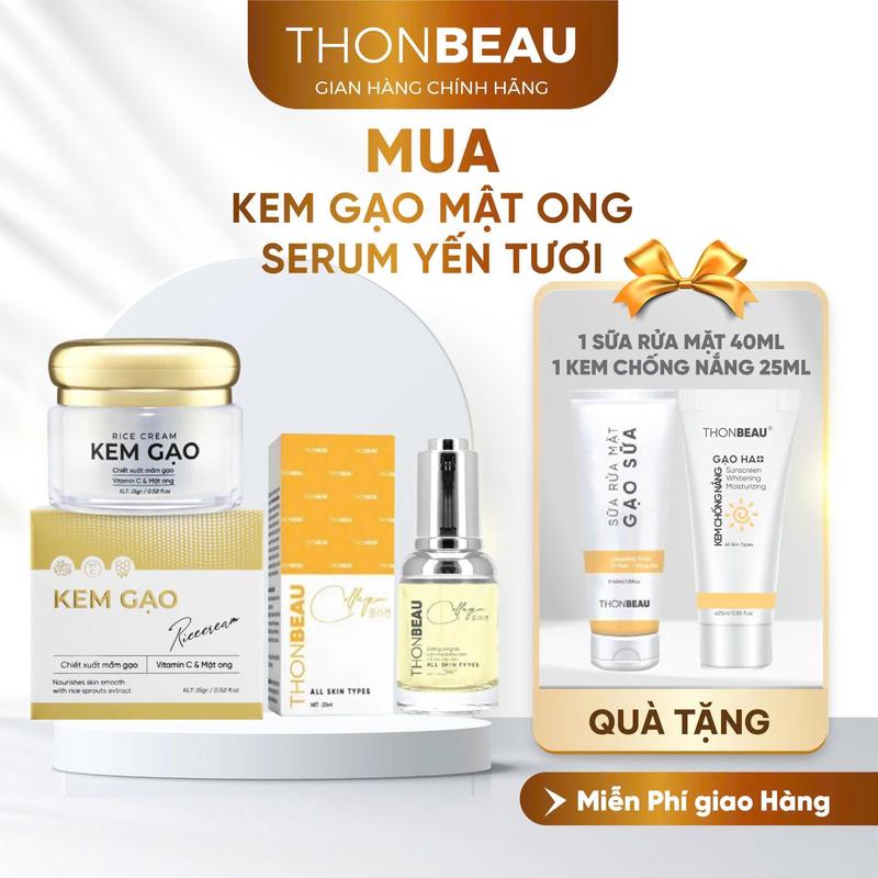 Bộ Kem Face Men Gạo Mật Ong có 4 Món gồm Kem Gạo Mật Ong với Serum Yến Tặng Kem Chống Nắng và Sữa Rửa Mặt gạo