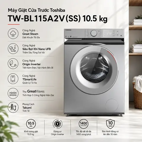 Máy giặt Toshiba inverter 10.5kg TW-BL115A2V(SS) - Công nghệ quản lý từ xa - BH chính hãng 24 tháng
