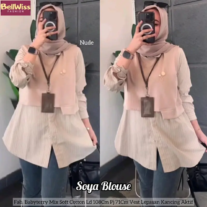 Soya Kemeja Blouse Set Inner Plus Vest Motif Garis Salur Tebal Premium 1
