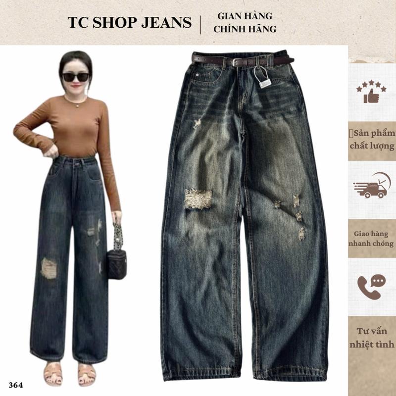 TCSHOPJEAN Quần Suông Nữ Bigsize Rách nhẹ trước sau 55kg-90kg QC 364