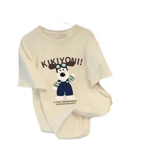 高級トレンドかわいいアルファベットの子犬プリント、女性用半袖Tシャツラウンドネック、ゆったり、純綿カジュアルトップス、ラウンドネック、ショルダーベルト、ゆったりシルエット、通気性、肩落ちデザインプリントTシャツ夏のゆったりタイプ