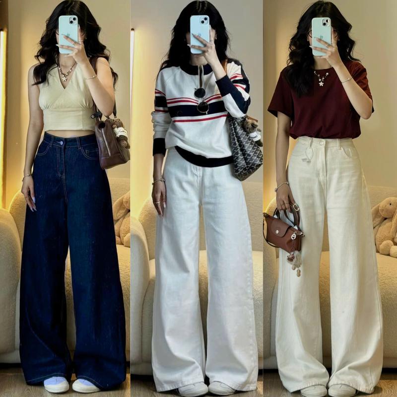 MIAA Quần Jean Nữ Trắng Suông Cạp Cao Chất Liệu Jean Dày Dặn Size S M L XL Phong Cách Việt Nam