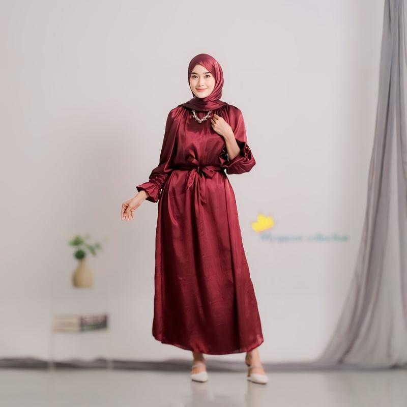SET HIJAB LUNA DRESS CRADENZA SILK Casandra Dress Shimmer Silk / Gamis Cradenza Shimmer Silk Busui Friendly / Gamis Viral Dress Wanita Lebaran Dewasa Syari Muslim Maroon Remaja Variasi Mocca 4