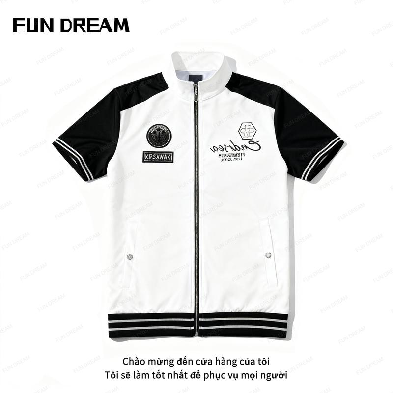 Đường phố xu hướng đen trắng va chạm màu nối áo khoác ngắn tay áo thời trang mùa hè cá tính thêu in đứng cổ Zipper giản dị hàng trăm áo thun hàng đầu áo sơ mi Việt Nam