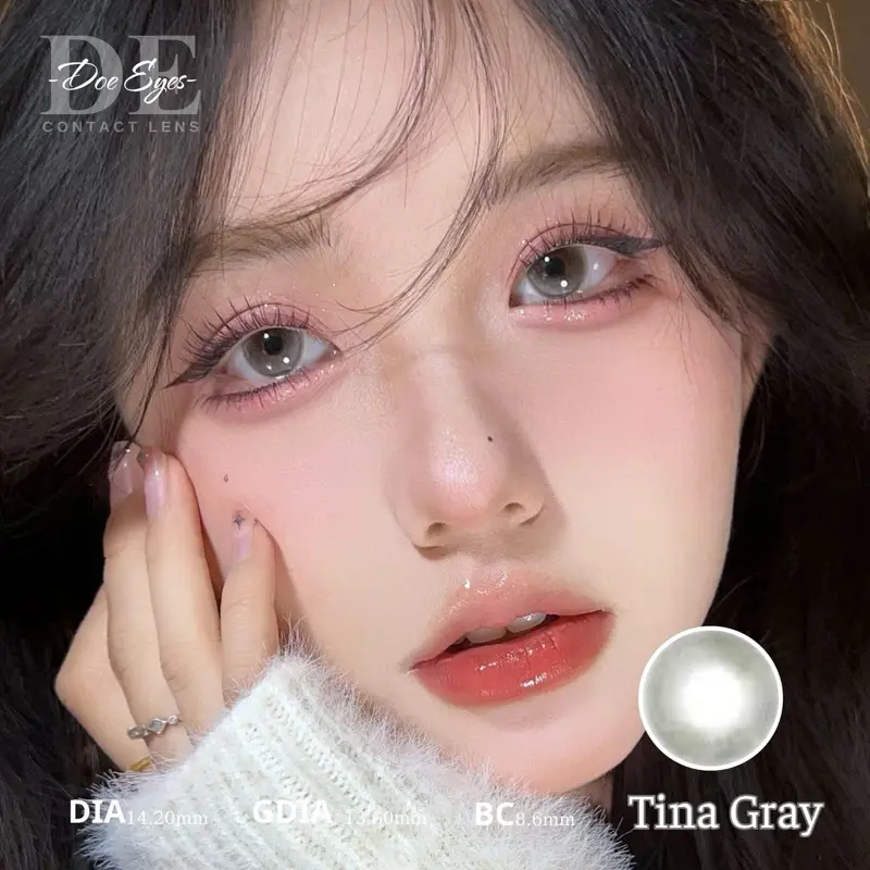 [Tina Gray] Kính áp tròng Doe Eyes - Lens xám thạch giãn 14.0mm - cận 0-7độ KÈM KHAY