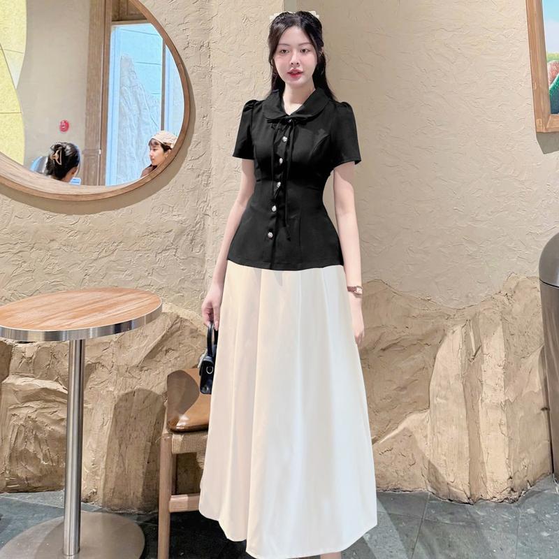  289-TÁCH LẺ - Set áo peplum cổ sen phối kèm chân váy xếp ly phong cách vintage midi phù hợp đi chơi đi làm đi tiệc 