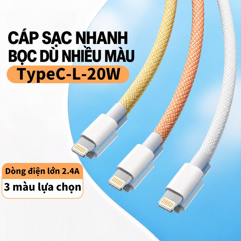 CápSạc Nhanh 20W Type-C-L, Dây Bọc Dù 5 Lõi Siêu Bền, Chống Rối Chống Gãy, 1m/2m，2.4A, 3 Màu (Chỉ Gồm Dây Cáp)