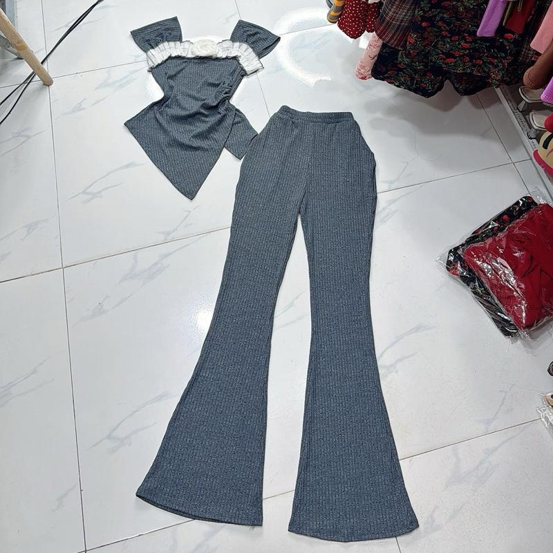 Mã C299 Set Áo Tay Liền Viền Voan Hoa Voan Quần Loe Thun gân tăm đũa