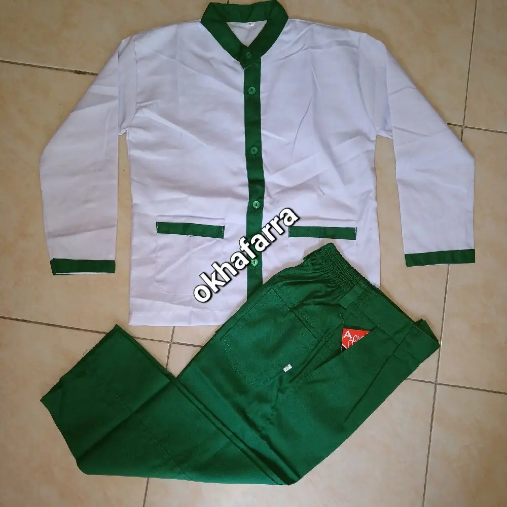 okhafarra stelan celana panjang karet hijau TK SD MI / baju putih list hijau / seragam sekolah
