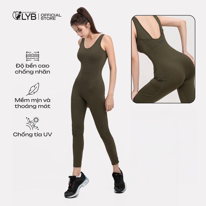  Jumpsuit dài tập gym yoga nữ LYB 2 dây chất co dãn không tay ôm dáng phối liền màu xanh rêu 