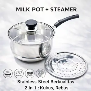 Panci Steamer Panci Sarang Kukus Panci Susu Rebus Tutup Kaca Stainlees Steel Tebal Anti Karat Foodgrade 16 - 18