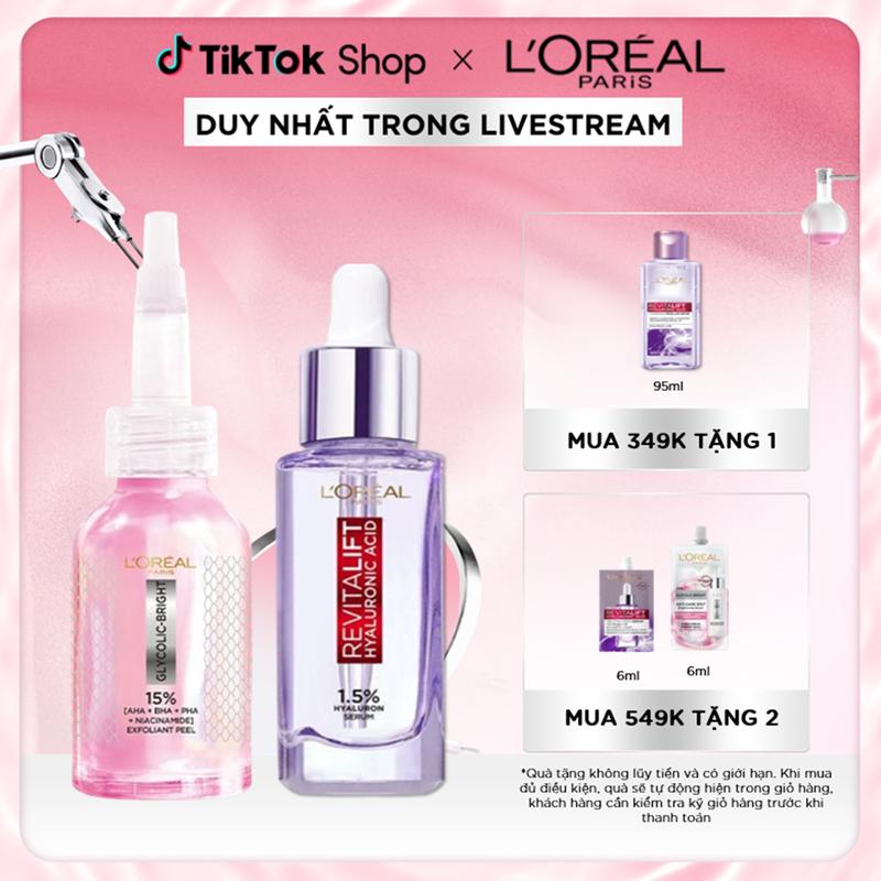 [VB] BỘ DƯỠNG CHẤT PEEL SÁNG DA LÀM SẠCH EXFOLIANT PEEL 25ML & SERUM SIÊU CẤP ẨM 1.5% HA L'OREAL PARIS 30ML